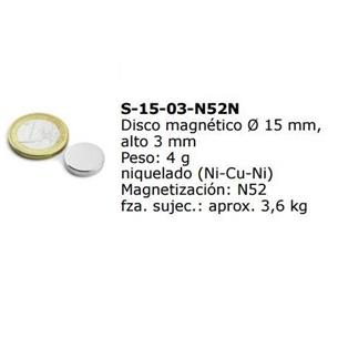 Disco magnetico 15mmx3mm NdFeB N52 FAS 3.6 Kg iman