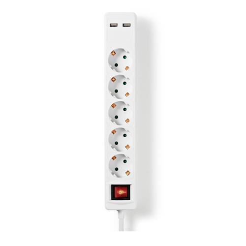 Regleta 5 tomas+2Usb 1,5mts,blanca con interruptor Nedis