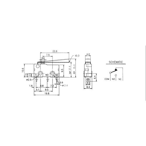 Microinterruptor de palanca 22,6mm 3A 250V 19,8mm