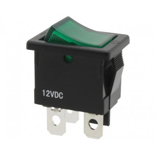 Interruptor basculante 1C. 2P. con luz 12V 6A verde 15x21mm