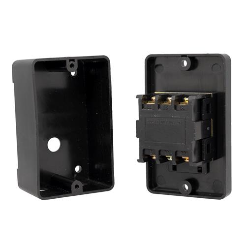 Caja de control negra con 2 botones, 1 interruptor Verde y 1 pulsador Rojo