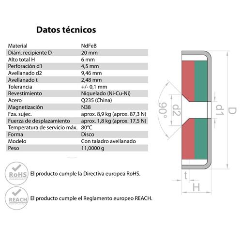 Iman en recipiente avellanado 20x6mm Neodimio FA-8.9 Kg Iman en recipiente avellanado 20x6mm Neodimio FA-8.9 Kg