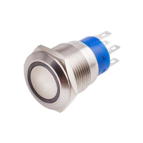 Pulsador antivandálico metálico 5A 250Vac con LED Azul a 12Vdc 19mm