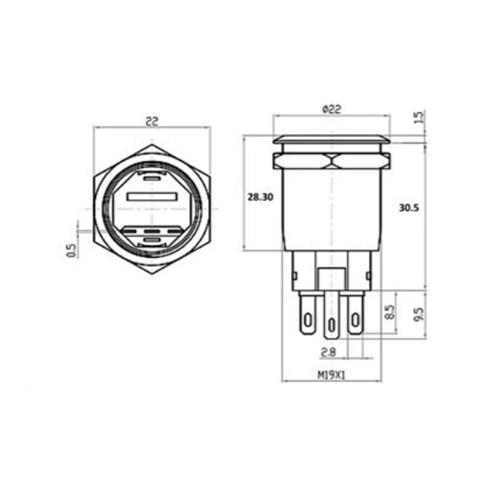 Pulsador antivandálico metálico 5A 250Vac con LED Azul a 12Vdc 19mm