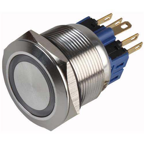 Pulsador antivandálico metálico 5A 250Vac con LED Azul a 12Vdc 22mm