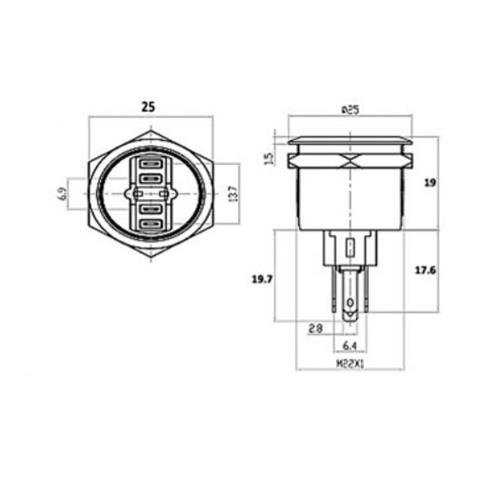 Pulsador antivandálico metálico 5A 250Vac con LED Azul a 12Vdc 22mm