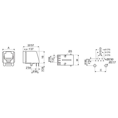 Conector telefonico RJ45 hembra circuito impreso 8/8 Conector telefonico RJ45 hembra circuito impreso 8/8