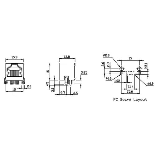 Base RJ45 STP 50U" (8P8C) para circuito impreso acodada
