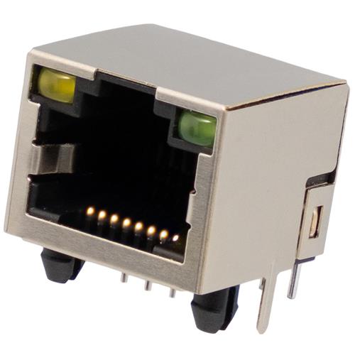 Base RJ45 STP 50U" (8P8C) para circuito impreso acodada con LEDs