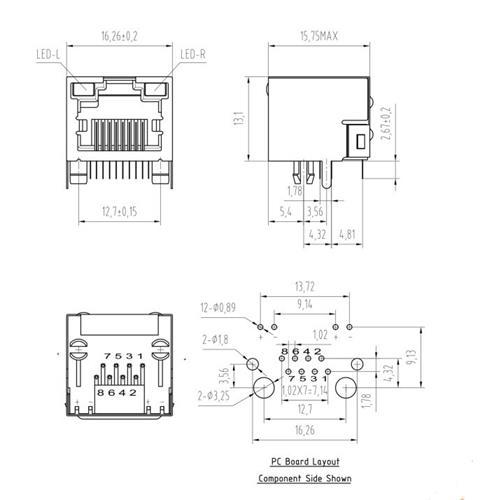 Base RJ45 STP 50U" (8P8C) para circuito impreso acodada con LEDs