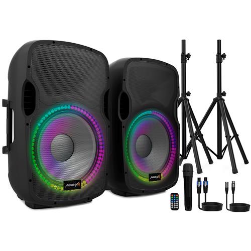 Set 2 atavoces 15" +soportes + cableado + micro PARTY 215 LED