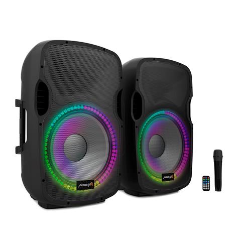 Set 2 atavoces 15" +soportes + cableado + micro PARTY 215 LED